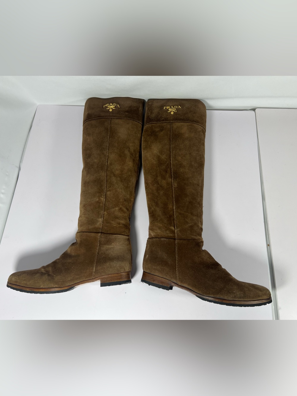 Prada Milano Suede Knee High Riding Boots Brown Logo EU 35 - Picture 4 of 8